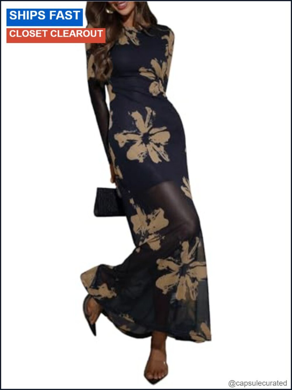 Women's Long Sleeve Formal Wedding Guest Maxi Dress Crew Neck Mermaid